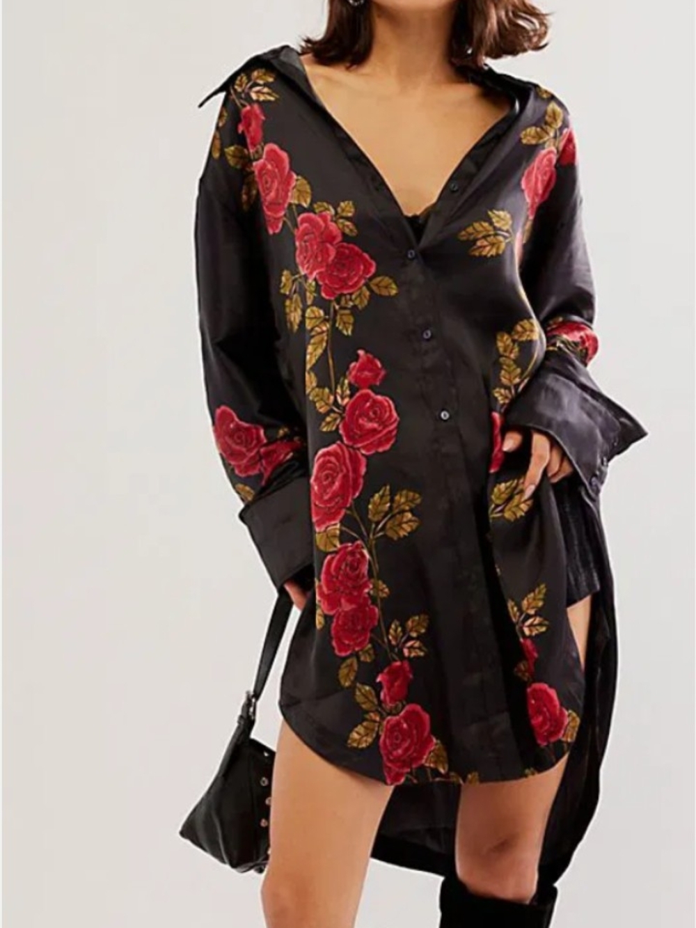 Free People Black Satin Mini Shirt Dress with Red Rose Print